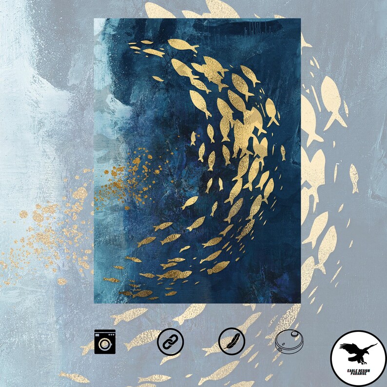 Puede incluir: Impresi&oacute;n de arte abstracto con un patr&oacute;n de remolino de siluetas de peces dorados sobre un fondo azul oscuro con motas doradas.