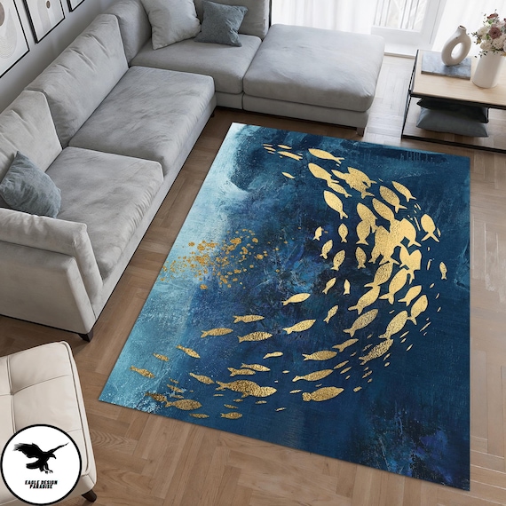 Koi Fish Rug, Abstract Gold Rug, Ocean Rug, Luxury Painting Printing Rug, Blue and Gold Rug,Ocean Rug, Underwater Rug, Popular Rug, Gift Rug