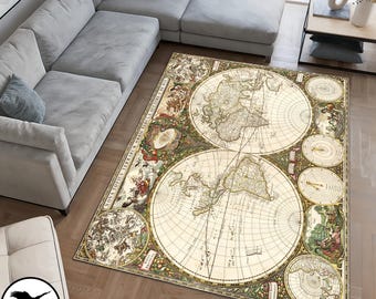 May include: A vintage-style rug featuring a detailed world map with compass roses and ornate borders. The rug has a cream background with gold, brown, and green accents.