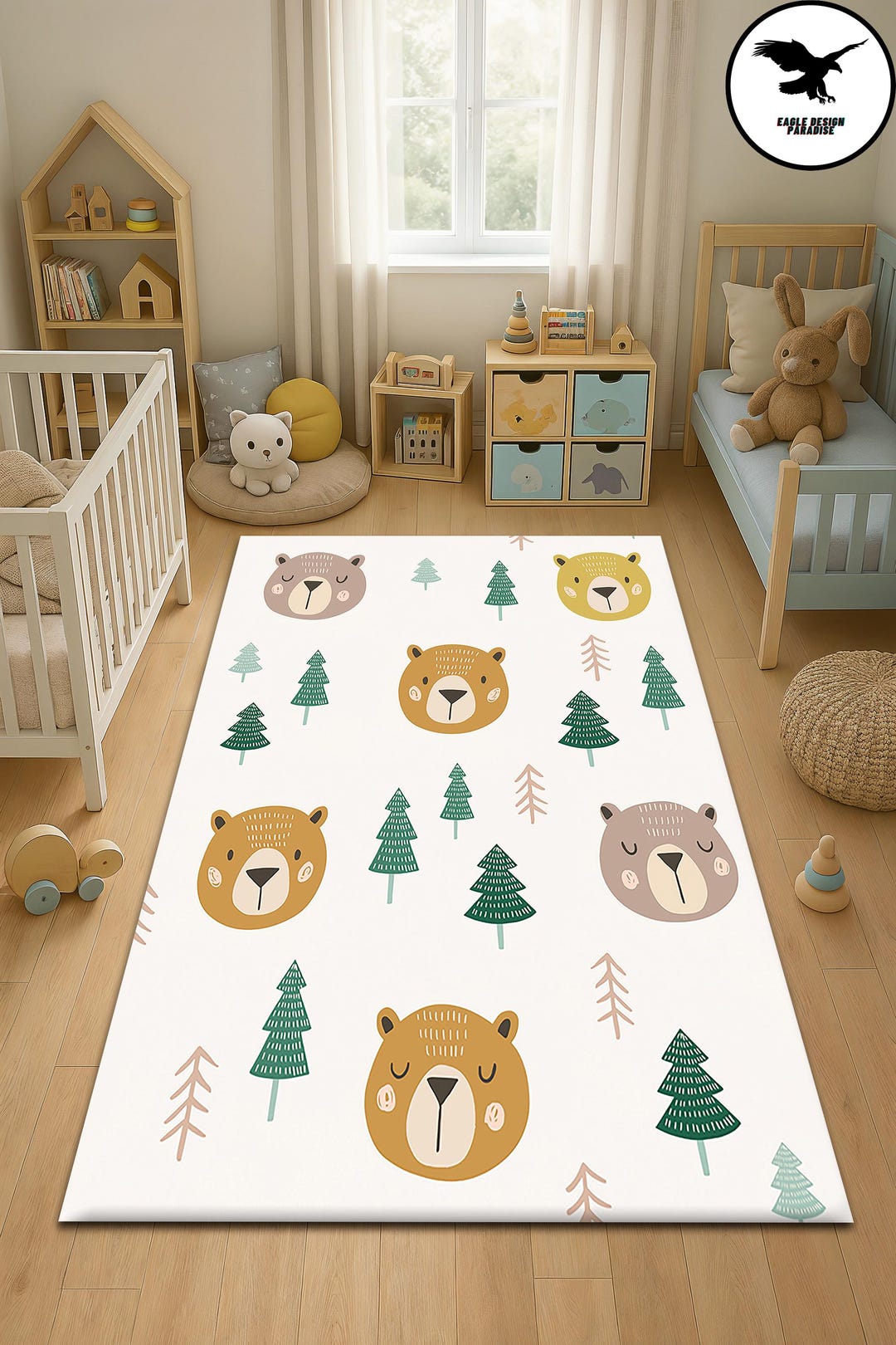 Teddy Bear and Tree Rug, Nursery Rug, Kids Area Rug, Washable Non Slip ...