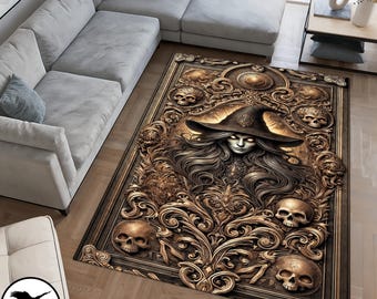 Alfombra gótica con calaveras y brujas, alfombra de brujería para dormitorio con decoración de brujas, alfombra gótica dorada, alfombra mística, decoración de hadas, regalo de brujas