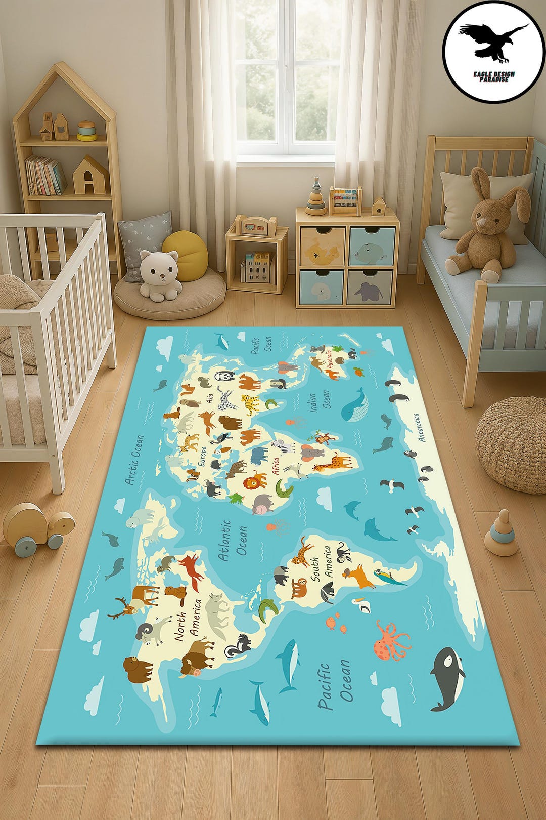 Child Rug Animals Kids Rug ,animals Rug, Continents Rug, World Map With Cute Animals Rugs ...