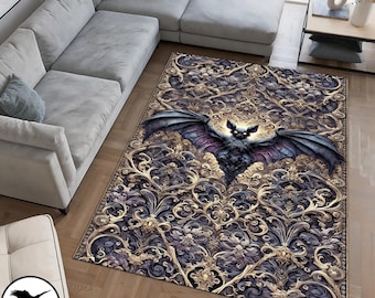 Purple Rococo Rug, Goth Rug For Gothic Home Decor, Gothic Bat Rug, Washable Bedroom Rug For Eclectic Home Decor, Goth Gift, Maximalist Rug