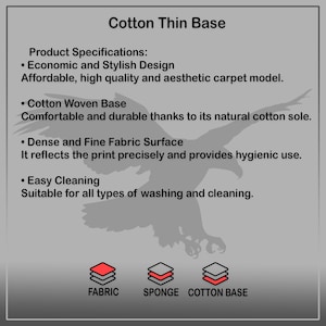 May include: Cotton Thin Base rug with a description of its features: Economic and Stylish Design, Cotton Woven Base, Dense and Fine Fabric Surface, and Easy Cleaning. The image shows a diagram of the rug's layers: Fabric, Sponge, and Cotton Base.