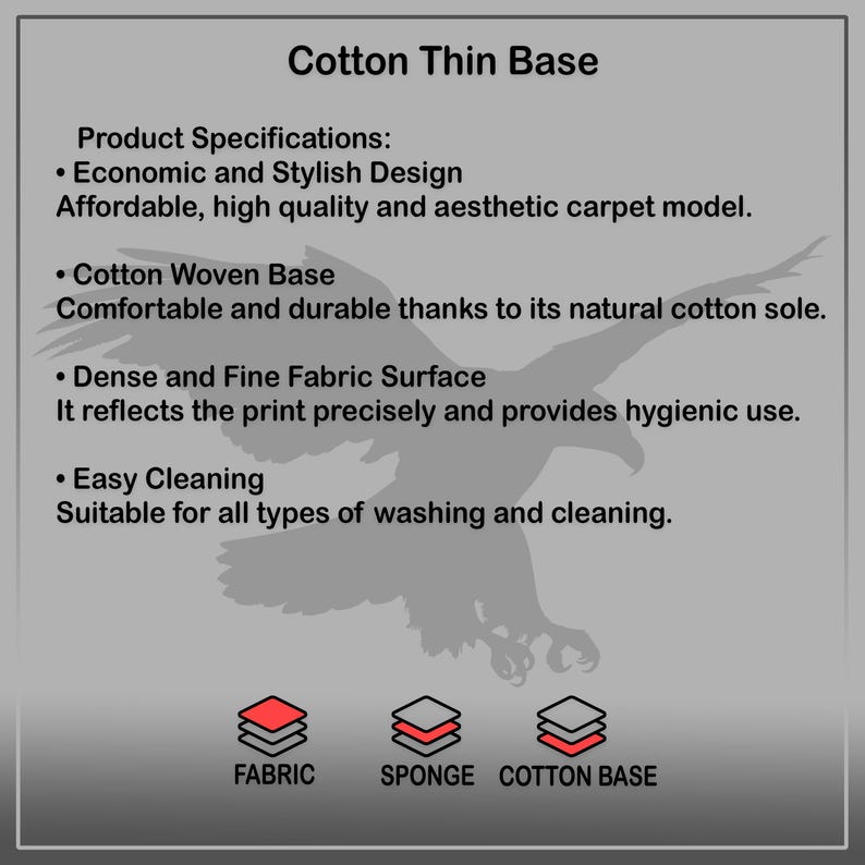 May include: Cotton Thin Base rug with a description of its features: Economic and Stylish Design, Cotton Woven Base, Dense and Fine Fabric Surface, and Easy Cleaning. The image shows a diagram of the rug's layers: Fabric, Sponge, and Cotton Base.