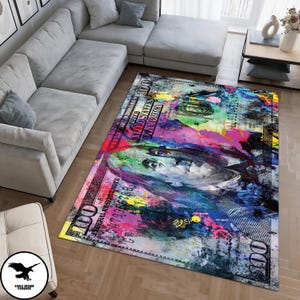 Colorful 100 Dollar Bill Rug, Ben Franklin 100 Dollar Bill Dobby Rug, Unique Classic US Dollar Money Rug, One of a Kind Money Dollar Rug