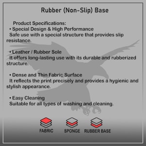 May include: Diagram showing the construction of a rubber base for a product. The base is made of a dense and thin fabric surface, a sponge layer, and a rubber base. The text "Rubber (Non-Slip) Base" is at the top of the diagram.