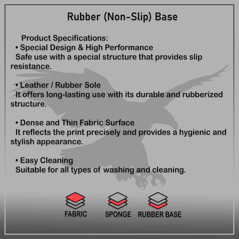 May include: Diagram showing the construction of a rubber base for a product. The base is made of a dense and thin fabric surface, a sponge layer, and a rubber base. The text "Rubber (Non-Slip) Base" is at the top of the diagram.