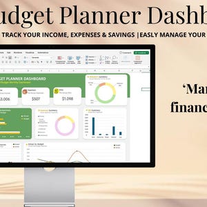 Può includere: Un monitor di computer mostra una dashboard di pianificazione del budget con grafici e tabelle. Lo schermo mostra dati finanziari, con il testo "Budget Planner Dashboard" e "Track your income, expenses & savings". Il testo "Manage your finances with one click" è anche visibile.