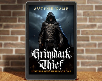 May include: A book cover with a dark fantasy theme. The cover features a hooded figure in dark armor standing in front of a stormy sky. The title of the book is "Grimdark Thief" and the subtitle is "Subtitle Goes Here Book One".