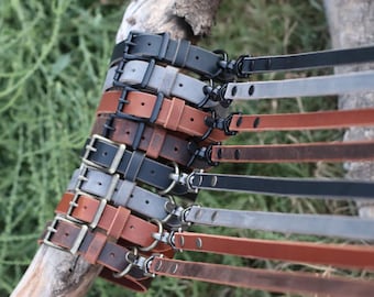 May include: A collection of leather collars and matching leashes in black, gray, and brown tones. Each collar features a metal buckle and a D-ring, while the attached leashes are secured with metal rivets and a swivel snap hook clasp.