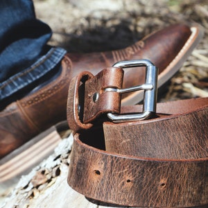 Handmade, Buffalo Leather Belt with Roller Buckle, Antique Brown, Classic Brown, Matte Black, 1.5 Inch