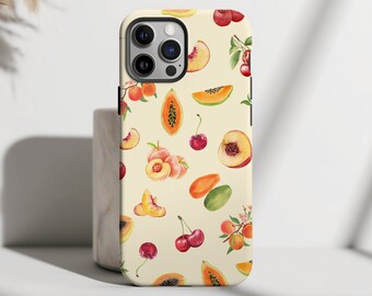Summer Fruits IPhone Case Papaya Fruit Phonecase Cherry Peach Watercolor Collage Phone Case Girly Fruit Aesthetic iPhone 15 14 13 12 11 8