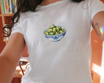 Y2k Baby Tee Painted Olive Bowl Baby Tee Baby Girl Funny Baby Tee Cute Baby Tee 90s Baby Tee Y2k clothing