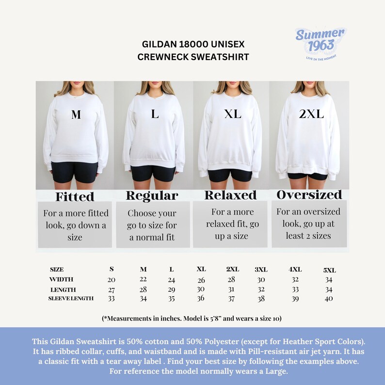 May include: A size chart for a Gildan 18000 unisex crewneck sweatshirt. The chart shows the different sizes available, from S to 5XL, and the corresponding measurements in inches for width, length, and sleeve length. The chart also includes a description of the fit for each size: fitted, regular, relaxed, and oversized.