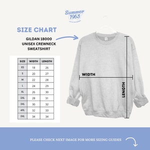 May include: Size chart for a Gildan 18000 unisex crewneck sweatshirt. The chart shows the width and length measurements in inches for sizes XS to 5XL.