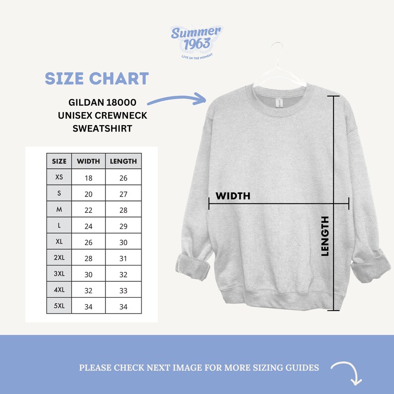 May include: Size chart for a Gildan 18000 unisex crewneck sweatshirt. The chart shows the width and length measurements in inches for sizes XS to 5XL.