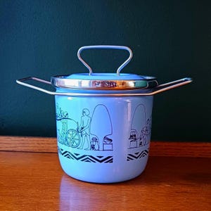 May include: A light blue enamel pot with a lid and handle. The pot has a black and white ancient Egyptian design. The lid and handle are silver-coloured.