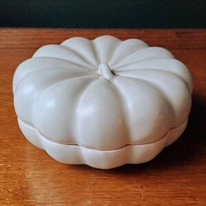 May include: A white, pumpkin-shaped decorative container with a stem. The container is made of a smooth material and has a ribbed design. The pumpkin is sitting on a wooden surface.
