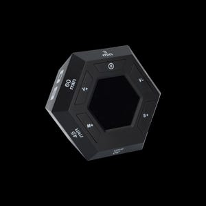 May include: Black hexagonal kitchen timer with a digital display and buttons for setting minutes and seconds. The timer has buttons labeled "3 min", "60 min", "45 min", "30 min", "V+", "V-", "M+", "S+".