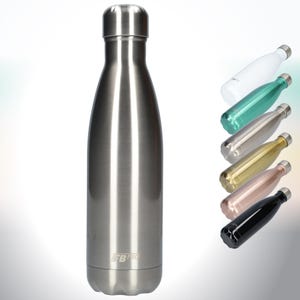 Può includere: Una bottiglia d'acqua in acciaio inossidabile con finitura spazzolata e logo "FB PRO" nero. La bottiglia è mostrata in una varietà di colori, tra cui argento, oro, oro rosa, nero, verde e bianco.