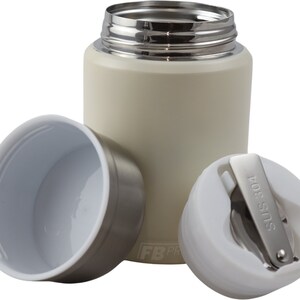 May include: A cream-colored stainless steel water bottle with a silver rim and a white interior. The bottle is shown with its lid and cap removed, revealing the interior. The cap has a stainless steel hinge and the text "SUS 304".