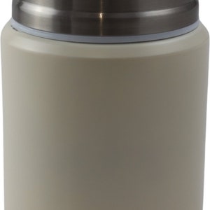 May include: A beige insulated food container with a stainless steel lid. The cylindrical container has a matte finish and the text "FB PRO" is printed on the bottom.