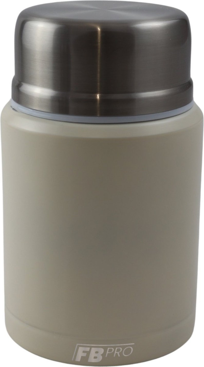 May include: A beige insulated food container with a stainless steel lid. The cylindrical container has a matte finish and the text "FB PRO" is printed on the bottom.