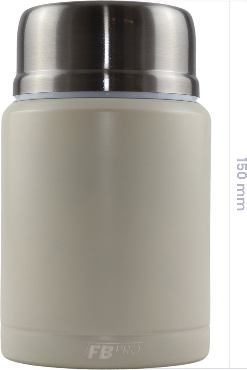 May include: A beige insulated food jar with a stainless steel lid. The jar is cylindrical, approximately 150 mm tall. The brand name "FB PRO" is printed on the bottom. The lid is a shiny silver color.