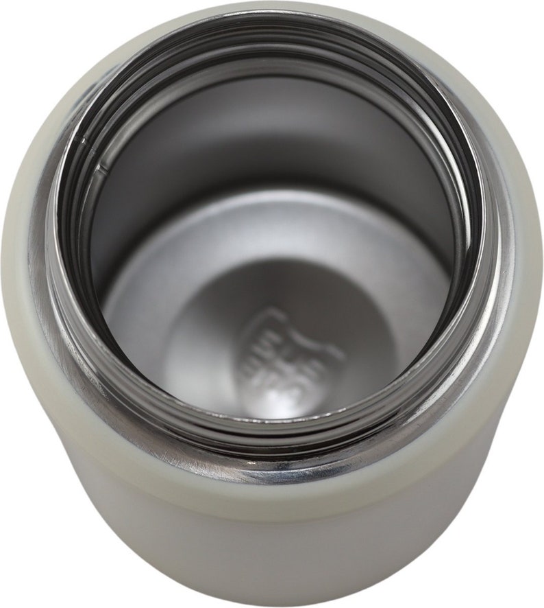 May include: An overhead view of a white insulated water bottle with a stainless steel interior. The bottle's opening reveals the threaded neck and the interior base. The bottle is designed to keep beverages cold or hot.