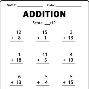 15 Addition Math Worksheets, Sum up to 20, Printable