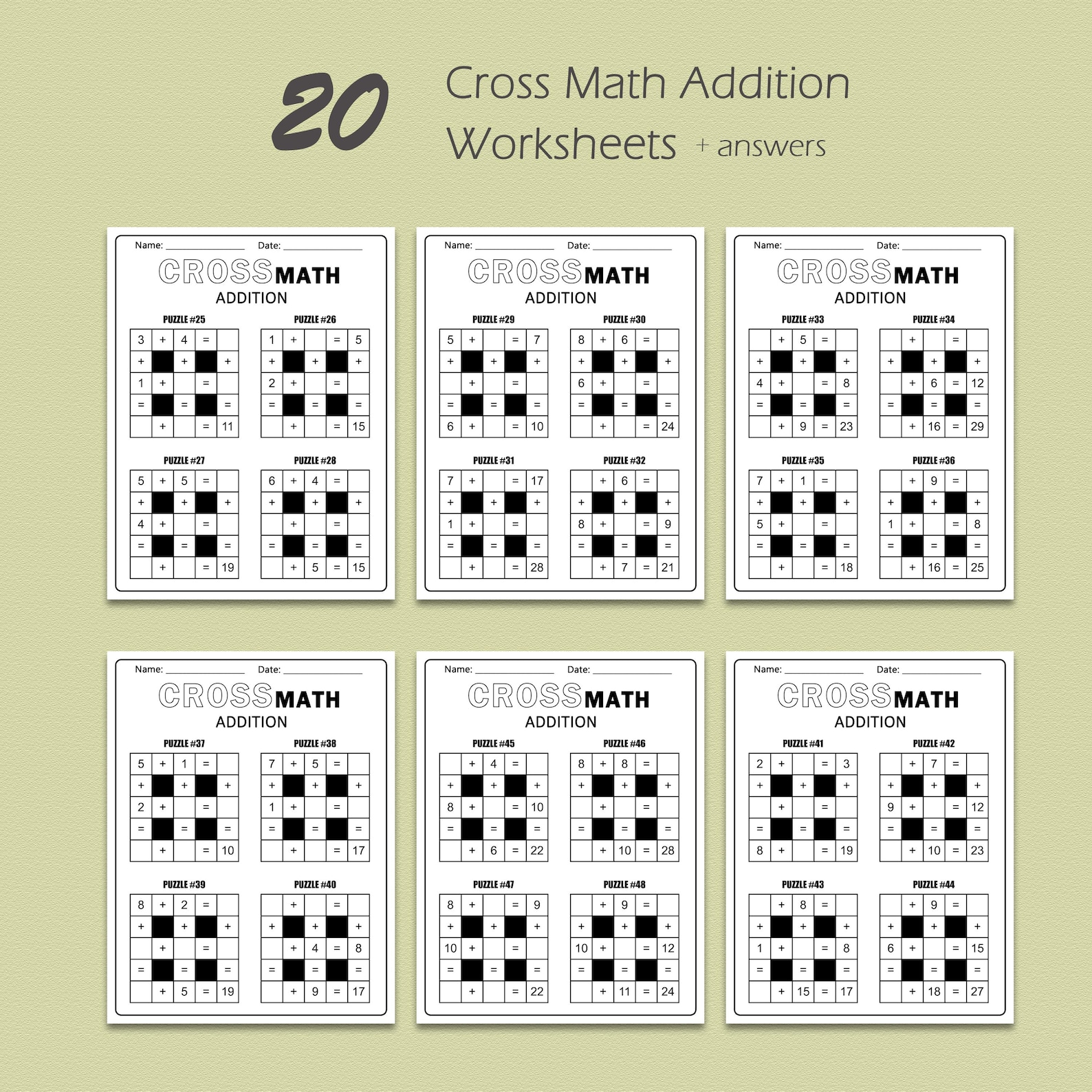 Cross Math Puzzles | Addition up to 40 | Printable Math Worksheets ...