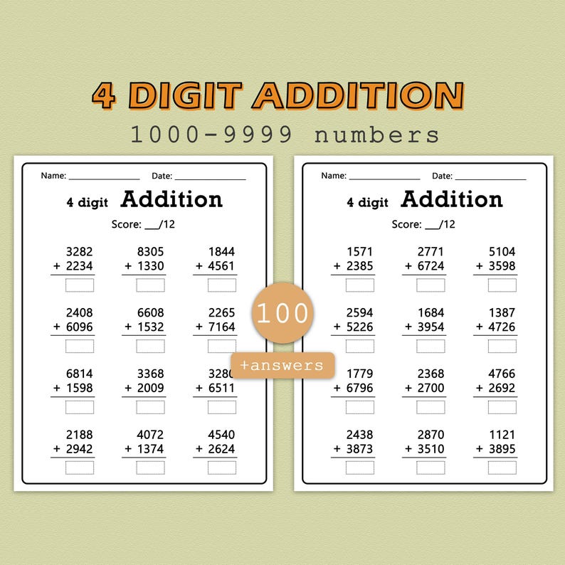 100 Four Digit Addition Worksheets, 1000-9999 Numbers, Printable Math ...