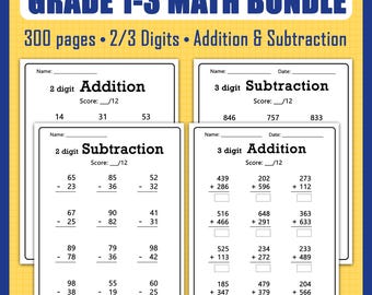 Grade 1-3 Math Worksheets | 2 & 3 Digit Addition, Subtraction (PDF)