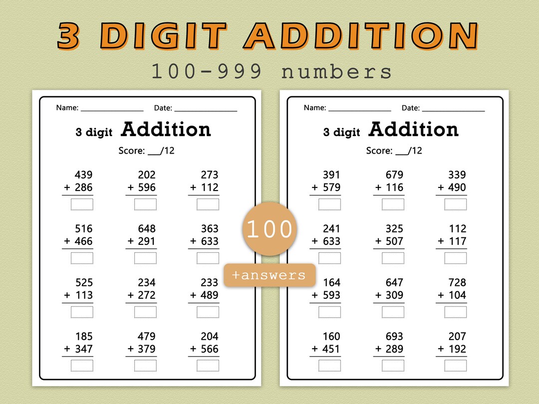 100 Three Digit Addition Worksheets, 100-999 Numbers, Printable Math ...