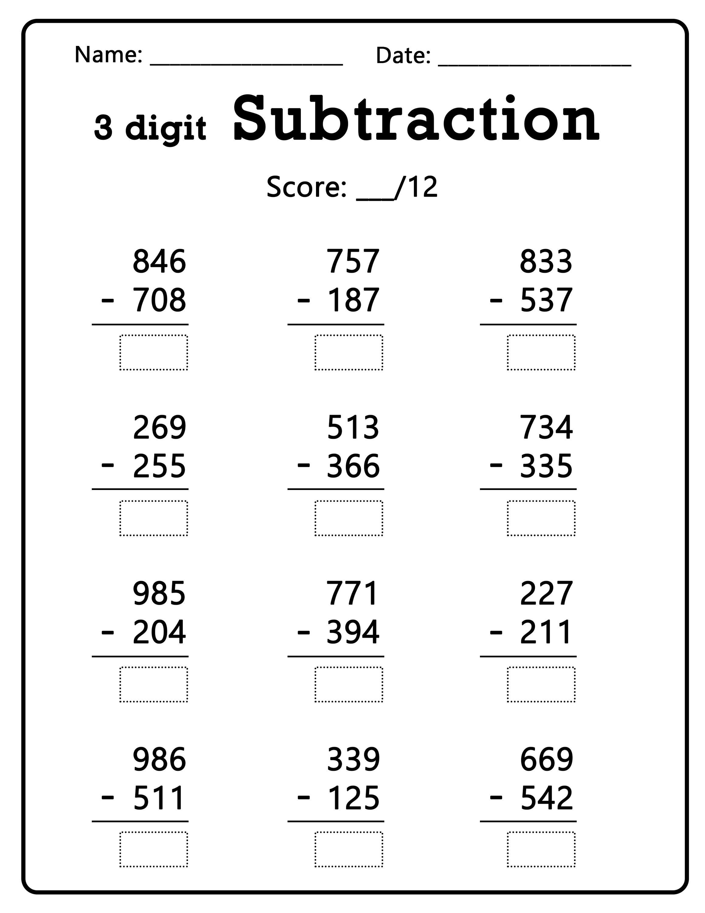 Hojas de trabajo de resta de tres dígitos (100) / Hojas de trabajo de  matemáticas imprimibles, números del 100 al 999, recursos y actividades  educativas - Etsy México, image size:2318x3000