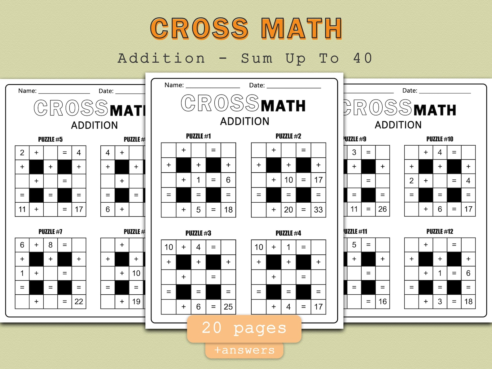 Cross Math Puzzles | Addition up to 40 | Printable Math Worksheets ...