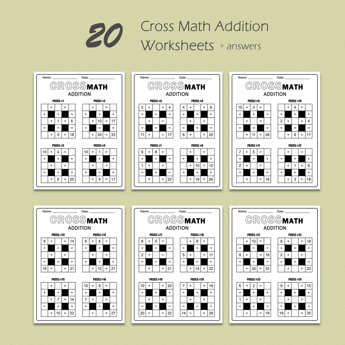 Cross Math Puzzles | Addition up to 40 | Printable Math Worksheets ...