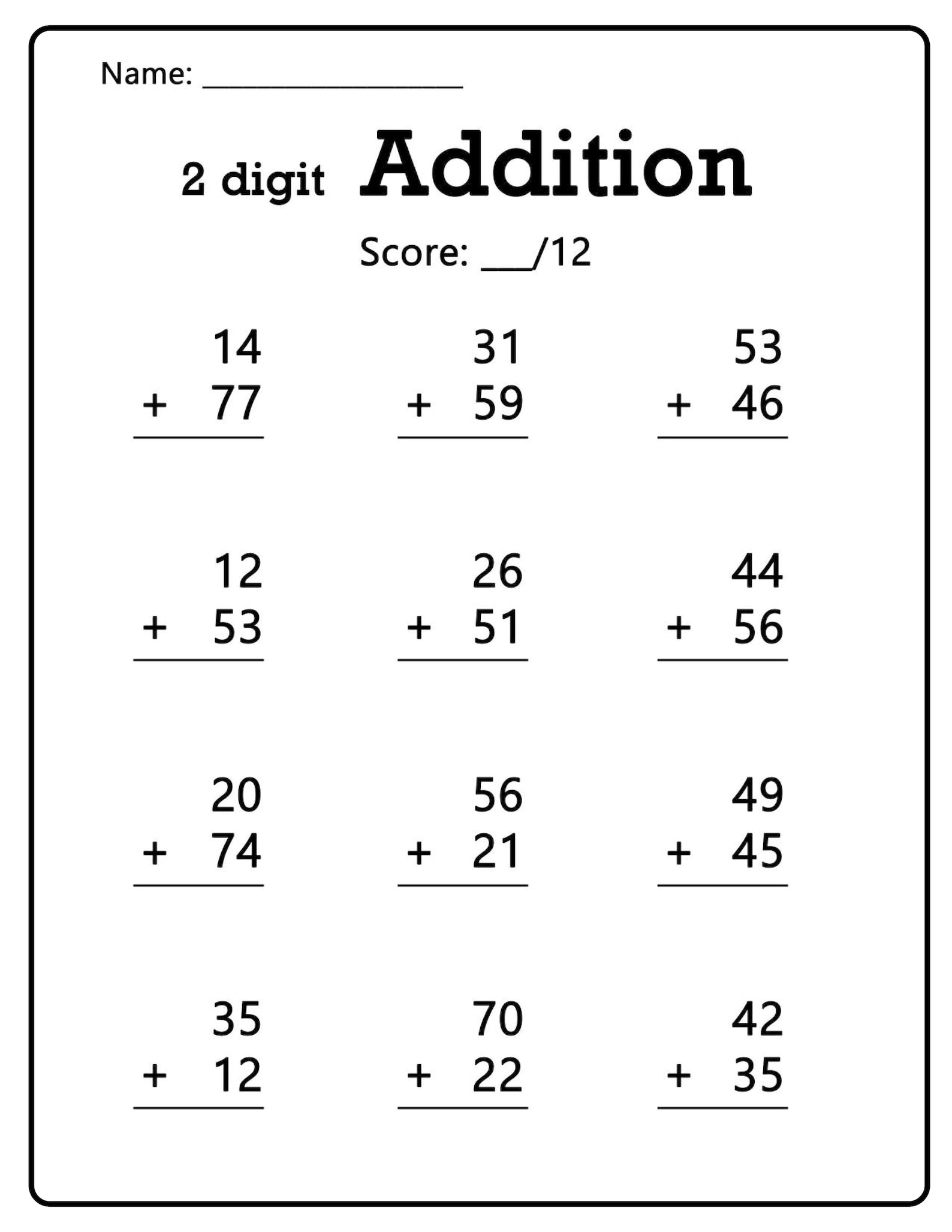 50 Two Digit Addition Worksheets | Printable Math Worksheets, 10-99 ...