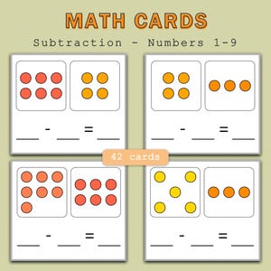Cartões de subtração para imprimir | Folhas de exercícios de matemática para crianças | Números de 1 a 9 | 42 cartões educativos para aprendizagem