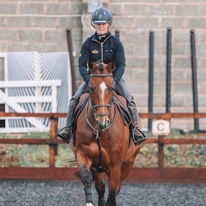 May include: A person wearing a black helmet and black riding jacket is riding a brown horse. The horse is wearing black leg wraps and is walking towards the camera.