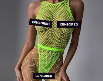 Stripper fishnet bodysuit top and tights, neon green fishnet UV reactive stripper outfits | Fishnet Tights | Fishnet valentines lingerie
