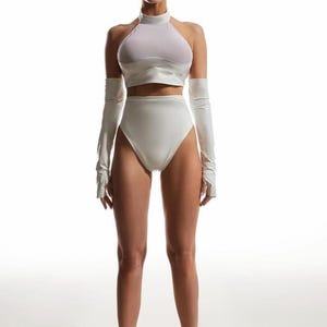 Rave latex sexy set with sheer mesh turtle neck halter top & high waist latex panties and gloves, festival wear burning man, pole dance set