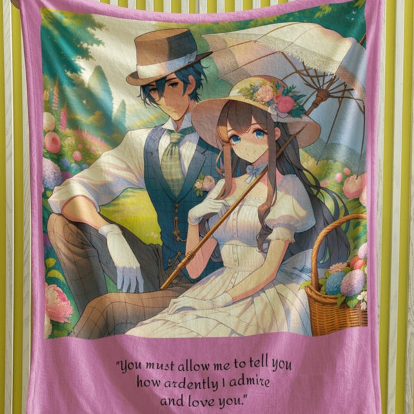 Arctic Fleece Blanket with Cute Anime-Style Graphic Kawaii Couple in Love with Darcy's quote from Jane Austen's Pride and Prejudice