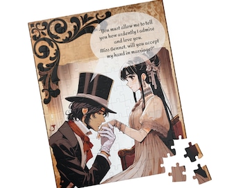 Personalisiertes Heiratsantrag-Puzzle mit niedlichem Anime-Design von Miss Bennet und Mr. Darcy und dem berühmten Zitat aus „Stolz und Vorurteil“.