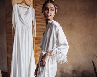Bridal satin robe with ostrich feather sleeves, White boudoir robe