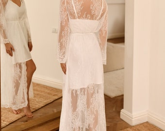 Conjunto de camisón de novia blanco transparente, bata de novia de encaje, bata de novia larga de encaje, lencería seductora para novia