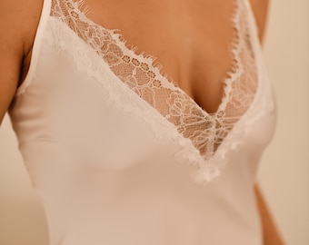 Bridal silk slip dress with lace, Silk sheer nightgown, Honeymoon sexy nightgown lingerie, Boudoir wedding nightgown, Bridal sheer nightgown