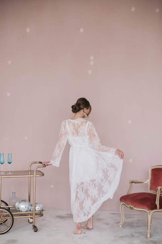 Bridal set Lace robe and Silk nightgown, Bridal sheer nightgown set, Bridal lingerie, Lace wedding robe, Bridal robes, Bridal shower gift