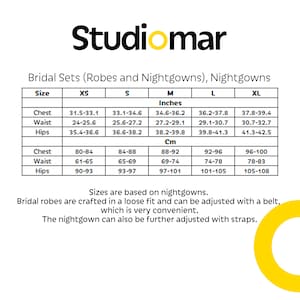 May include: Size chart for bridal robes and nightgowns, showing measurements in inches and centimeters for chest, waist, and hips. Sizes range from XS to XL.